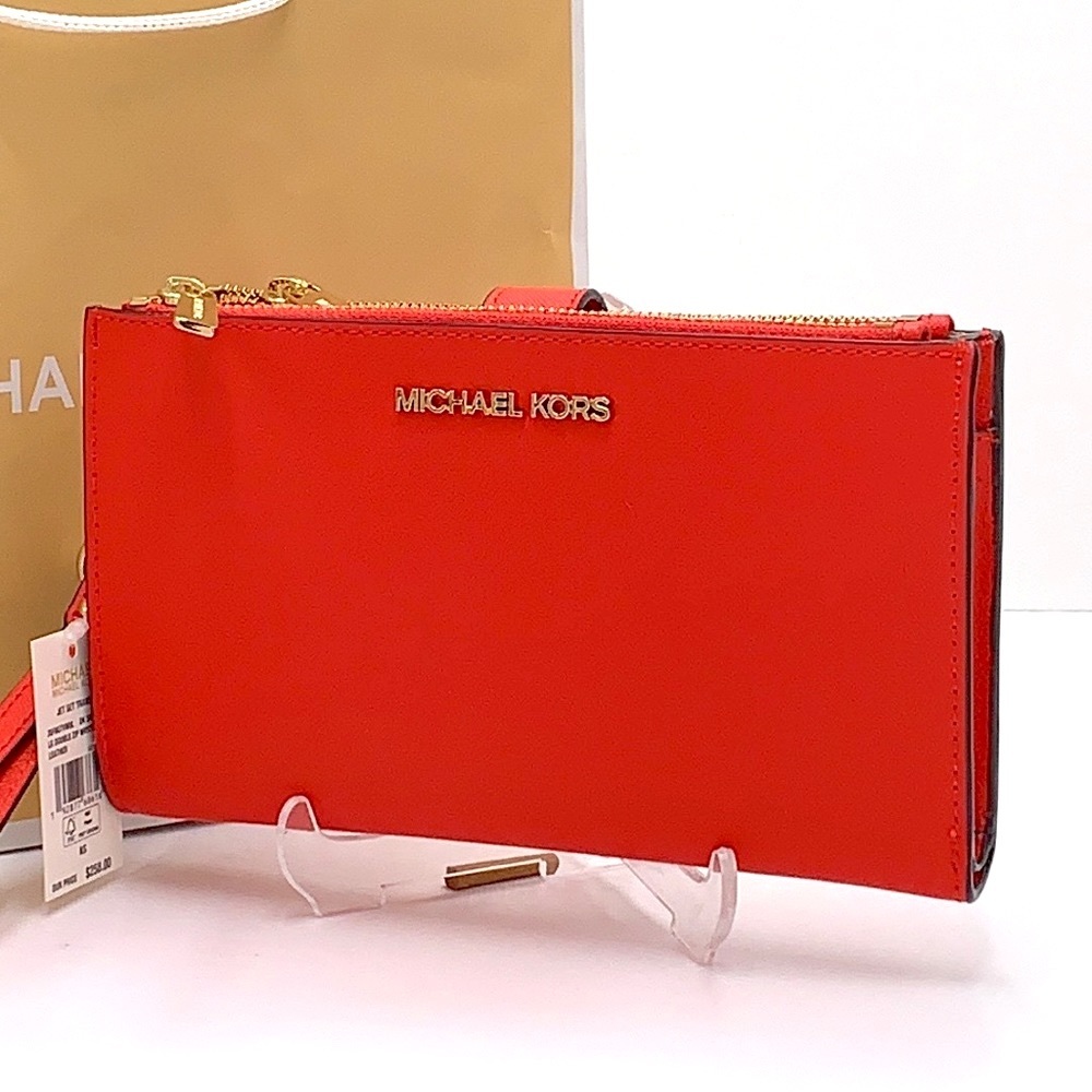 MICHAEL KORS LARGE DOUBLE ZIP WRISTLET WALLET DARK SANGRIA COLOR
